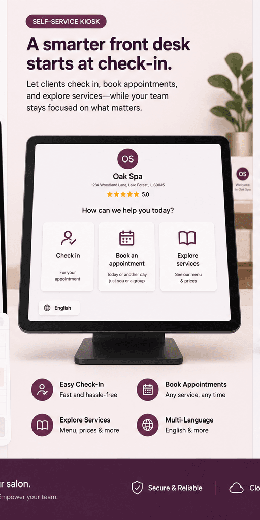 SalonAiX self-service kiosk for client check-in, booking and browsing services