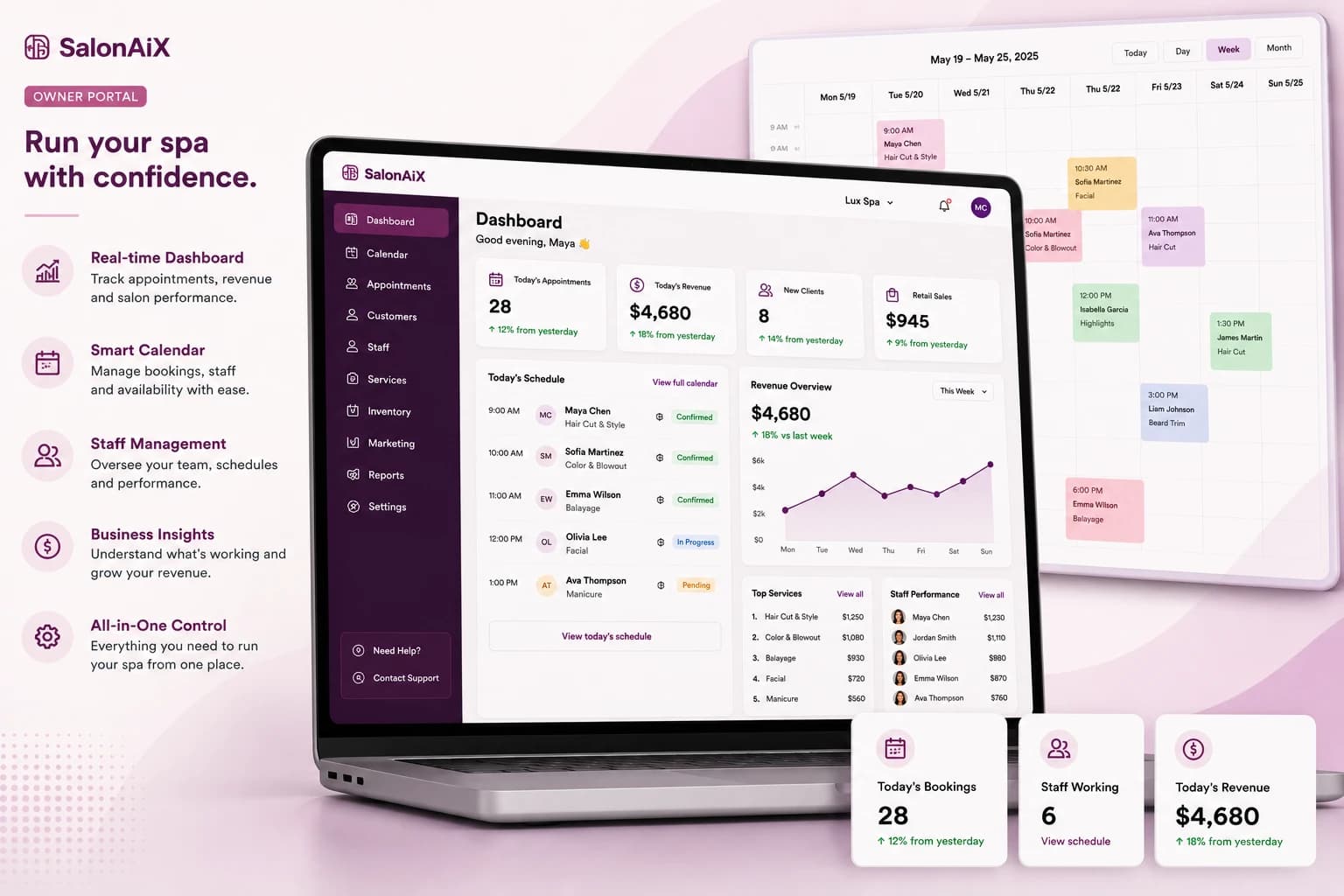 SalonAiX owner portal — bookings, staff, and revenue in one dashboard