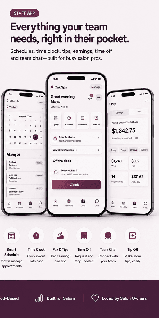 SalonAiX staff app — schedules, time clock, tips and pay on mobile